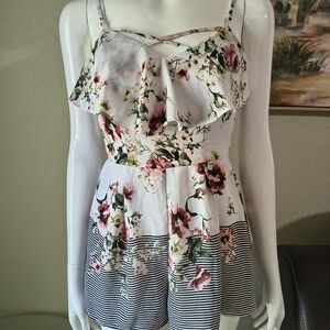 Trixxi White Floral Ruffle Cami with Black Stripe Hem